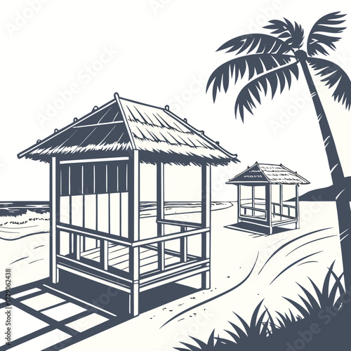 Tropical beach scene with thatched roof huts and a palm tree in a minimalist graphic style