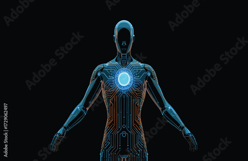 Futuristic cyborg illustration, circuit board body, glowing core, artificial intelligence, human-machine fusion, digital anatomy, robotics, innovation, technology, sci-fi