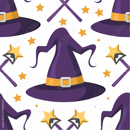 Seamless pattern featuring purple witch hats with golden buckles and star-tipped wands, perfect for Halloween or magical themed designs