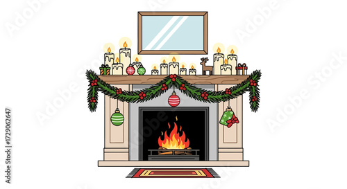 Festive fireplace illustration with garland candles and ornaments creating a warm holiday spirit