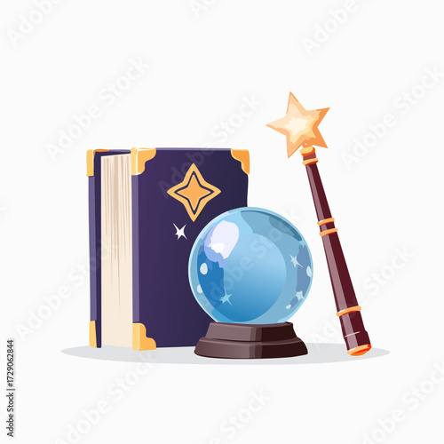 Mystical Divination tools concept featuring a cartoon crystal ball, an enchanted spellbook, and a star-topped magic wand for fortune telling