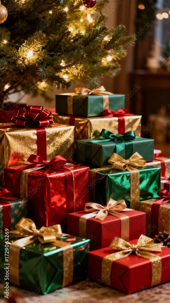 Obraz premium 크리스마스트리아래쌓인화려한선물상자들