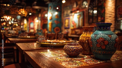 mexican. Colorful decor and wooden tables with traditional pottery fill an authentic Mexican restaurant interior. lifestyle magazines.