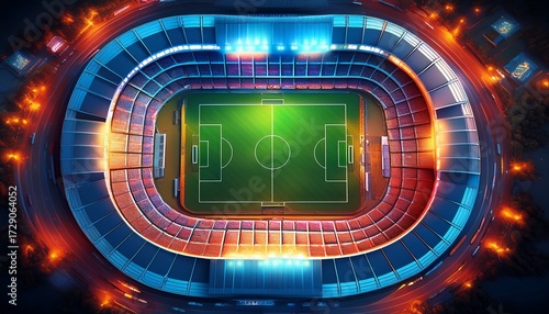 top down 3d view a soccer stadium illuminated with vibrant lights