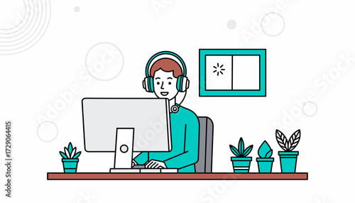 A call center worker with headphones takes online orders in a bright, minimalist home office., remote work, minimalist design