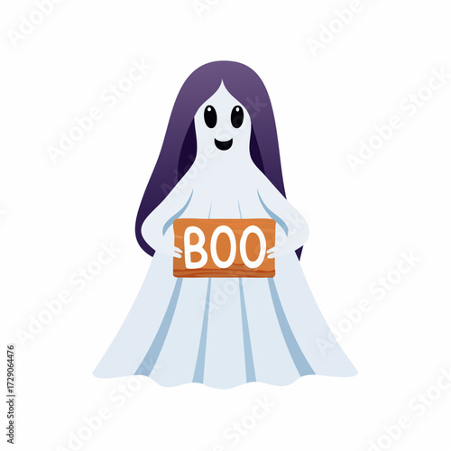 Spooky Boo Ghost Character Holding a Halloween Sign for Holiday Celebrations