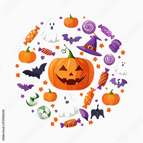 A festive circular arrangement of Halloween symbols featuring a smiling Jack-o'-lantern, cute ghosts, bats, and trick-or-treat candy, representing a joyful holiday concept