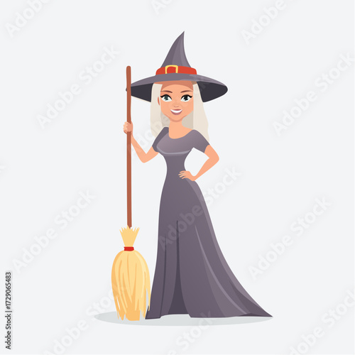 A charming cartoon illustration of a young, blonde witch standing with her broomstick, perfect for Halloween designs, fantasy themes, or magical concepts