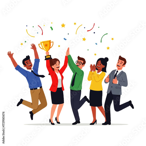 A diverse group of business professionals celebrating a victory with a trophy and confetti.
