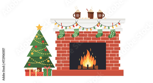 Charming christmas scene featuring a decorated tree fireplace and cozy beverages celebrating