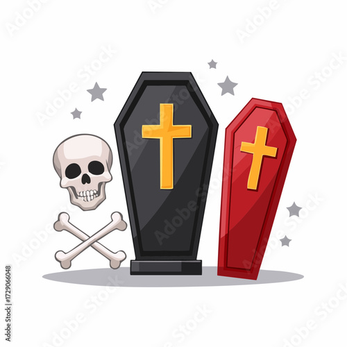 Two Coffins and a Skull with Crossbones, a Spooky Halloween Illustration