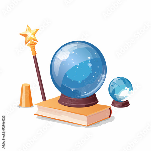 A magical still life illustration with a seer's crystal ball, a golden wand, and a book of arcane knowledge