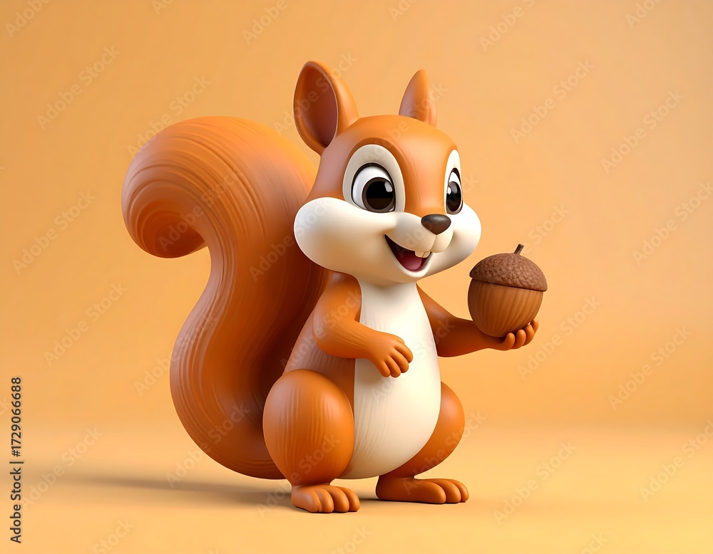 Naklejka premium Cute 3D Cartoon Squirrel Holding an Acorn.