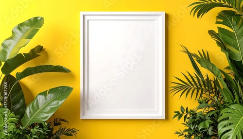 Blank white frame on a bright yellow background surrounded by lush green tropical plants