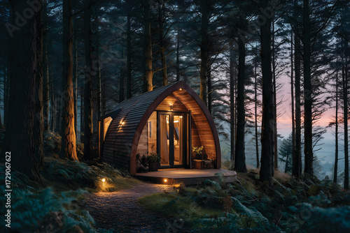 Atmospheric Wooden Glamping Pod in a Dark Pine Forest at Twilight