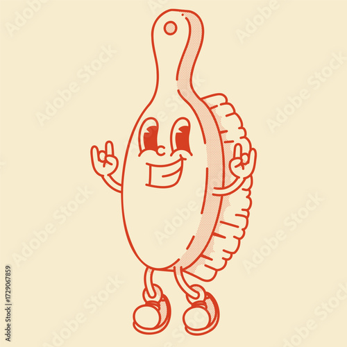 Cute wooden bath brush mascot with long handle. Vintage eco-friendly vector illustration for spa and body care branding