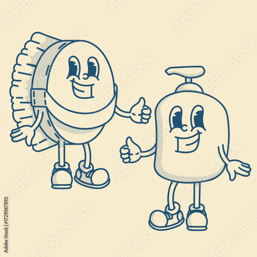 Charming brush and liquid soap bottle mascots. Vintage eco-friendly duo for spa or home cleaning packaging
