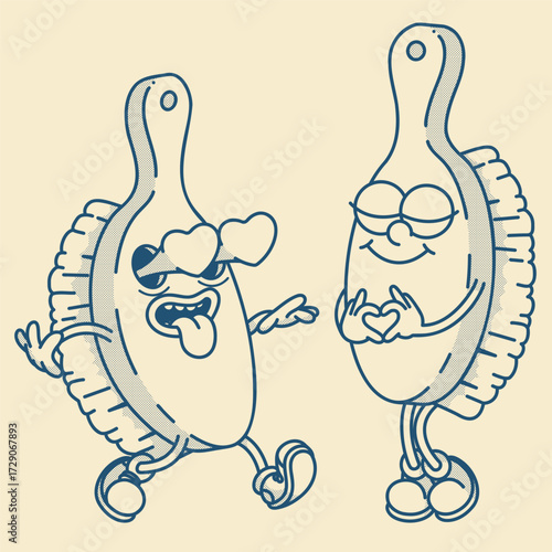 Playful pair of retro brush mascots - wooden and natural. Wholesome vector art for eco bath accessories and packaging