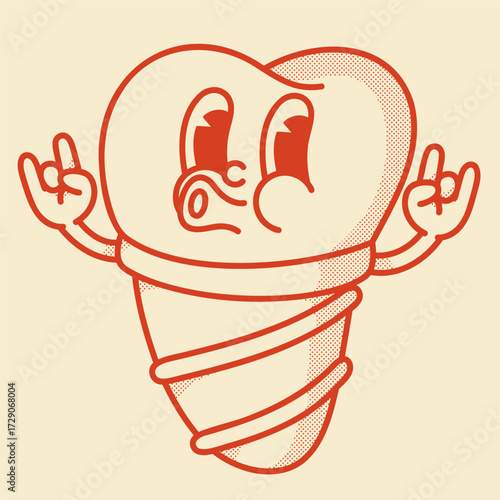 Playful tooth implant character - cute 70s-80s vector art for dental surgery marketing and education