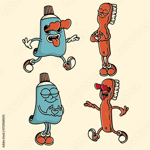 Groovy dental mascot duo - toothbrush and toothpaste in vibrant retro style. Perfect for clinics and oral care branding
