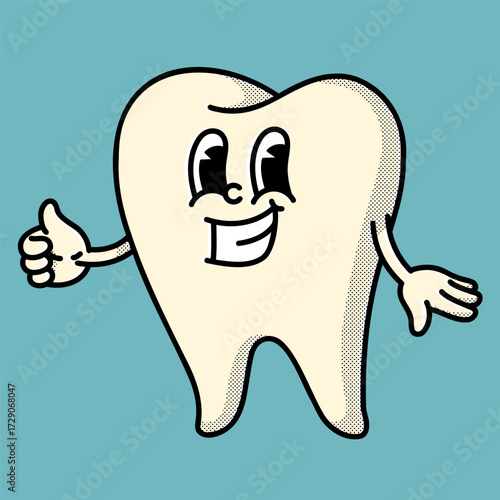 Vibrant 70s-style tooth character - perfect for orthodontist clinics and dental product branding