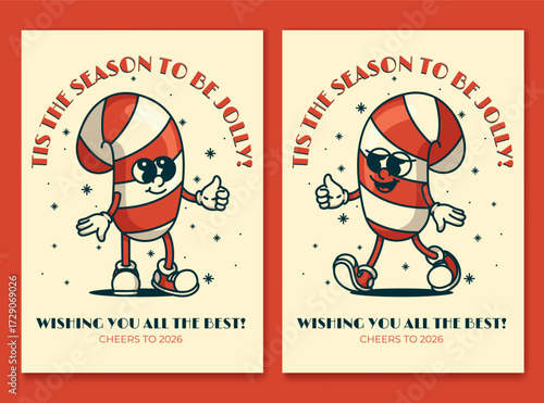 Vintage Christmas card with jolly candy cane mascot tis the season greeting with snowflakes and peppermint stripes