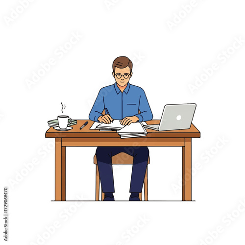 Illustration of a focused man with glasses writing at a wooden desk with a laptop and coffee.