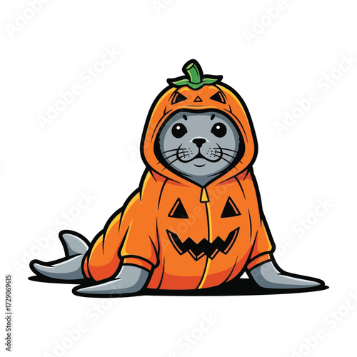 Cute Seal in Pumpkin Halloween Costume.