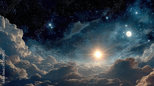 Fototapeta Naklejka Na Ścianę i Meble -  Cosmic creation: a radiant divine light pierces through fluffy clouds floating beneath celestial bodies and a starry night sky, symbolizing the act of creation of the universe by a divine power