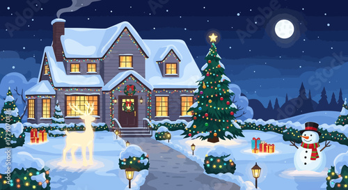 Festive winter landscape with decorated house, christmas tree, snowman and glowing reindeer at night
