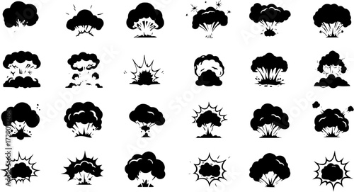 Set of diverse black and white explosion and bomb blast icons, including mushroom clouds, impact effects, and cartoon bursts for game design or graphic elements.