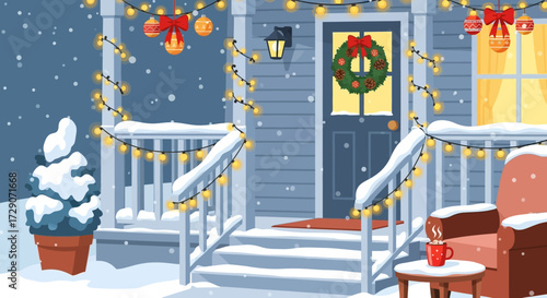 Charming winter scene of a snow-covered porch decorated with lights, wreath, and festive ornaments