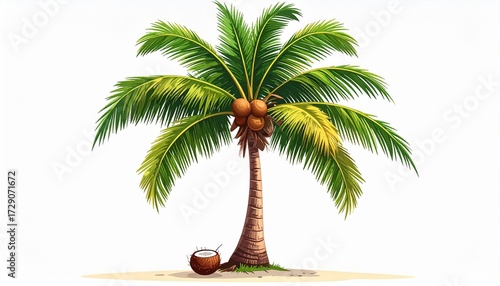 A vector drawing of a palm tree with coconuts flat tropical design isolated on white background
