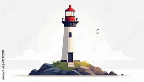 A vector illustration of a lighthouse standing on rocks flat minimal design isolated on white background

