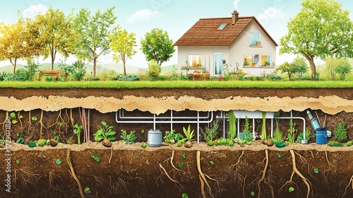 A cross-section diagram showing a modern house in nature with a deep water supply and drainage system connected to an underground plant nourishment system