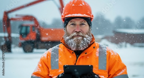 Determined worker in a hard hat, enduring the cold and snow.