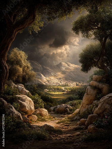The image presents an ancient city located on a hill, with a dramatic, stormy sky through which sunlight breaks