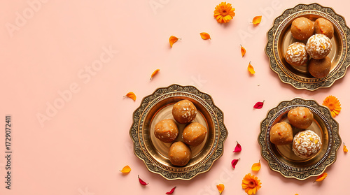Indian Festive Laddoo on Antique Brass Plates – Pastel Pink Background, Marigold Petals, Top View Banner with Copy Space