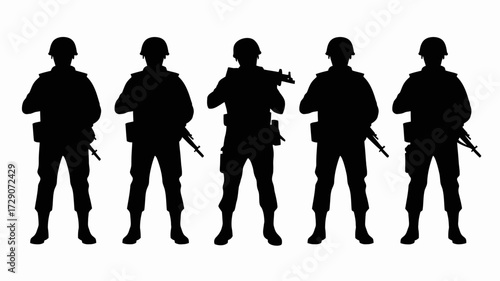 Silhouette vector illustration of five soldiers in formation holding rifles scalable graphics silhouette white background