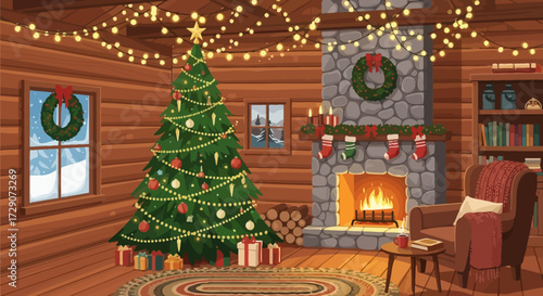 Cozy cabin interior with festive christmas decorations offering a warm and inviting atmosphere