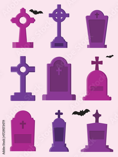 set of vector gravestones with RIP text, halloween theme, concept flat design