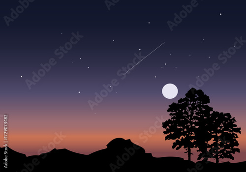 Beautiful serene night with trees, moon and stars