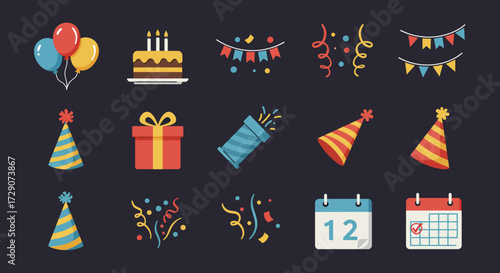 A 3x5 grid of flatstyle birthday and celebration icons on a dark background