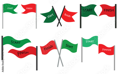 Web Start and Finish Line Flags Icon Set – Green and Red Competition Flags, Vector Illustration Isolated on White