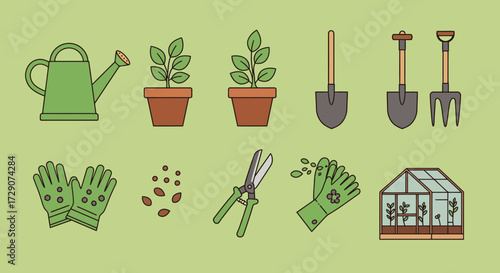 An array of gardening tools potted plants seeds gloves and a small greenhouse on a light green background