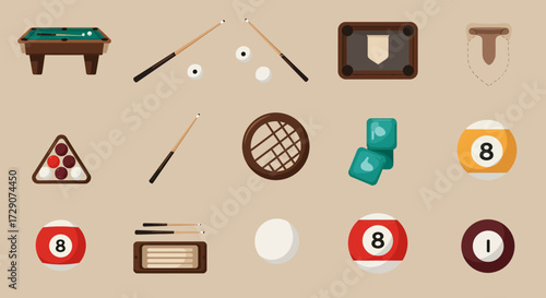 Assortment of pool game equipment on a beige background