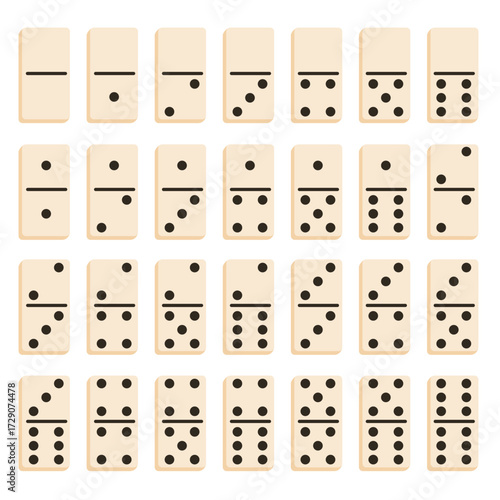 Domino game full set of figures isolated on white background in flat cartoon style. Cute hand drawn clipart for play, leisure, entertainment, hobby, board game and game design projects.