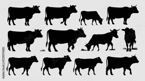 Collection of scalable vector illustrations of various cow silhouettes for farm and livestock themes silhouette white background