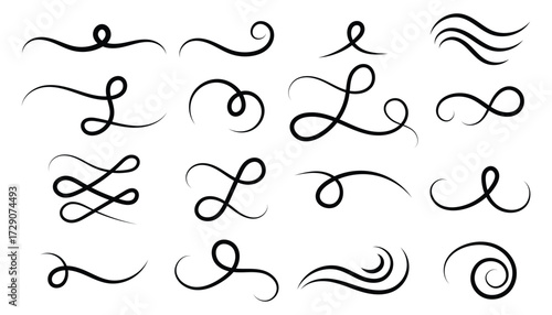 Elegant hand drawn flourish set with swirls and decorative divider elements. Flat line style ornament collection for border, frame, vintage design, invitation, logo or decorative accent.