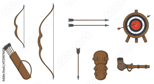 Collection of archery equipment including bows arrows a target quiver arm guard and finger tab